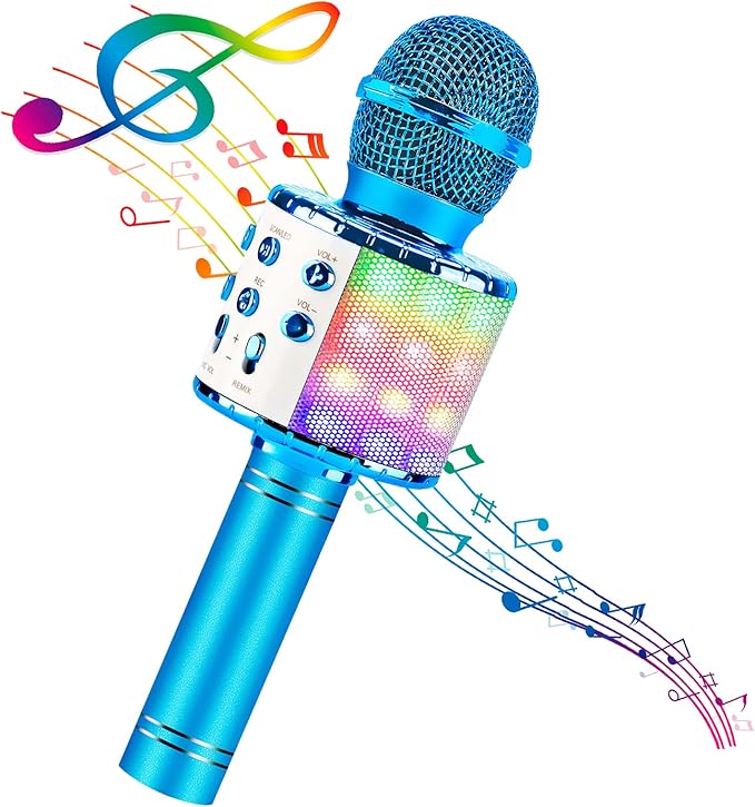 BlueFire 4 in 1 Karaoke Wireless Microphone with LED Lights, Portable Microphone for Kids, Great Toys for Kids, Girls, Boys and Adults (Blue)