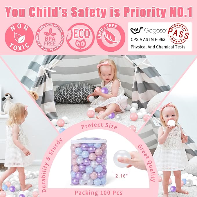 GOGOSO Ball Pits Balls for Toddlers Pack of 50 100 200 Plastics Shape Ball Non-Phthalate Non-BPA Non-Toxic 2.2-Inch Crush Proof Play Balls