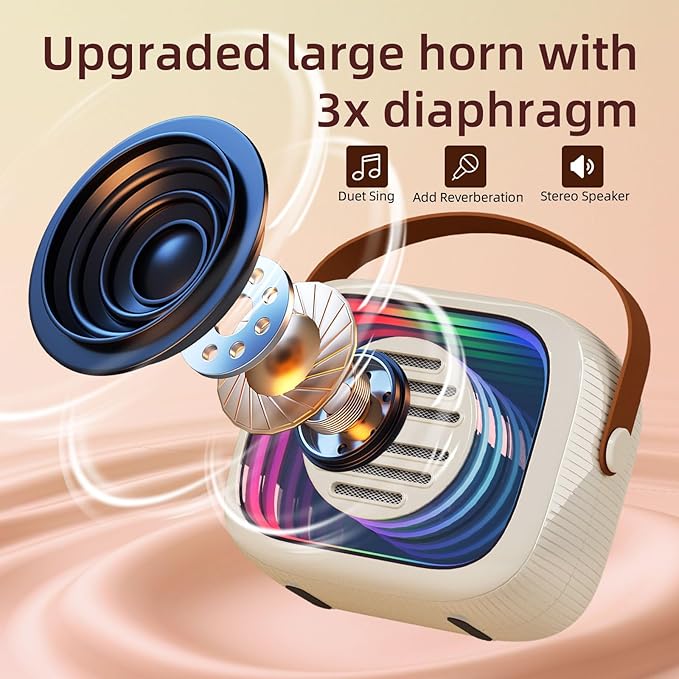 YF93 Mini Karaoke Machine for Kids with Bluetooth Speaker, 7 Voice-Changing Modes, Dual Microphones, Colorful LED Lights, TF Card Support, Portable Singing Gift for Children and Parties(Beige)