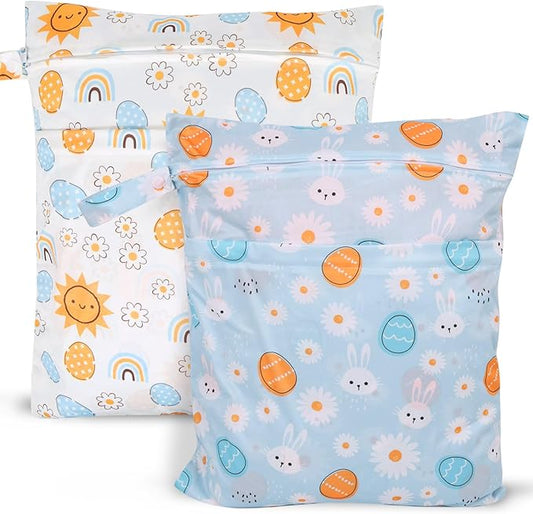 2pcs Travel Waterproof Laundry Bag, Cloth Diaper Wet Dry Bags with Handle 2 Zipper Pockets Washable Dirty Clothes Travelling Hanging Bathing Beach Daycare Yoga Gym Sports Exercise Swimsuits