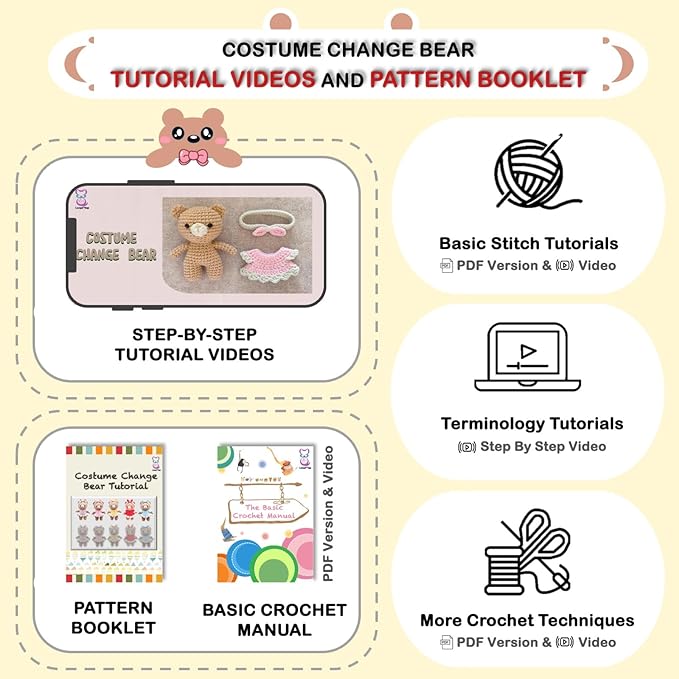 LoopMap Crochet Kit for Beginners - DIY Amigurumi Bear with Removable Dress & Accessories - Step-by-Step Video Tutorials, Extra Yarn, Crochet Tools, Handmade Gift for Kids & Adults (Bear K01, Yellow)
