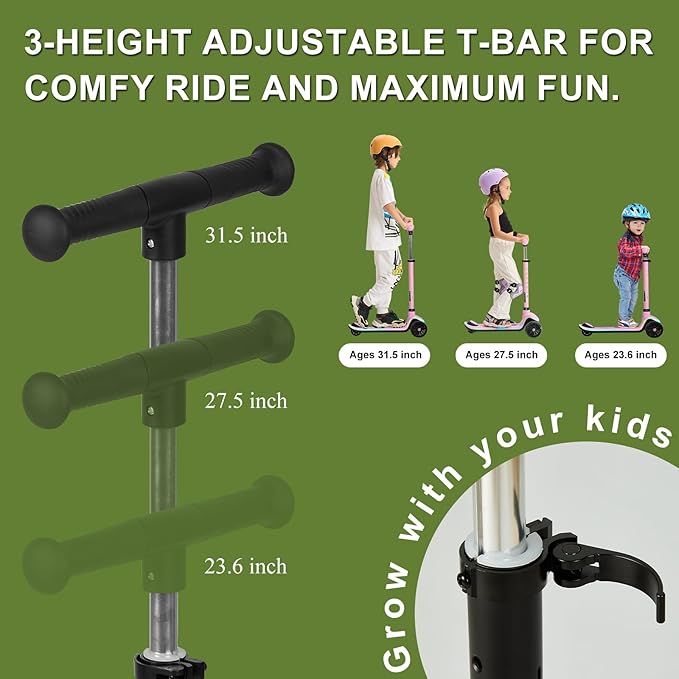 3-Wheel Light-Up Kids Scooter, 20 Different Light Patterns,Three Adjustable Heights,Lean to Steer, Balance Scooter for Ages 3-8