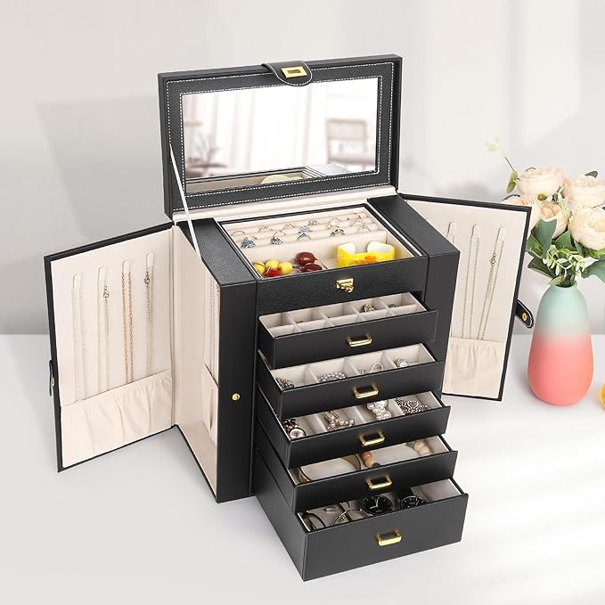 Kendal Extra Large Jewelry Box Jewelry Case PU Leather 6 Tier 5 Drawers Large Storage Capacity with Mirror Jewelry Storage Organizer Great Gift Also Good For Watches LJC-SHD5BK (black)
