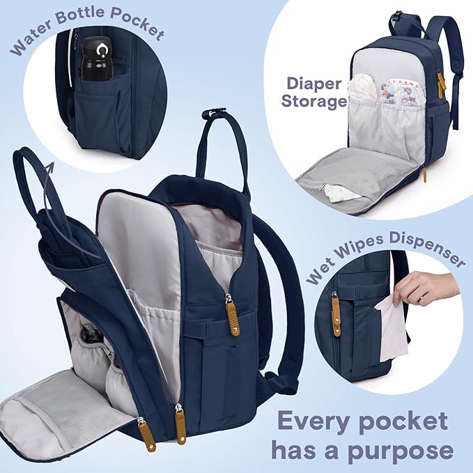 RUVALINO Diaper Bag Backpack, Multifunction Travel Pack Maternity Baby Changing Bags, Large Capacity, Waterproof, Peacock Blue