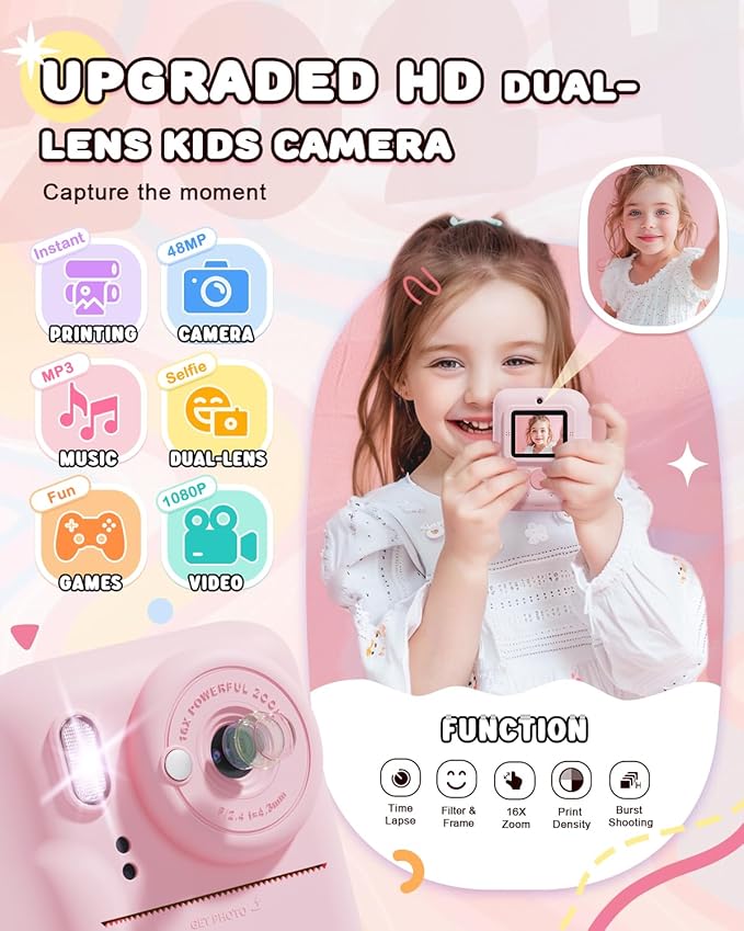 JOYJAM Kids Camera Instant Print, Upgrade Dual-Lens Selfie Digital Camera for Kids, HD 1080P, Christmas Birthday Gifts Toys for Girls Age 3-12, Toddler Portable Toy with SD Card 3 Rolls Print Paper