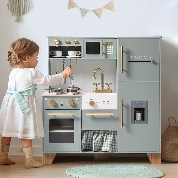 ROBOTIME Play Kitchen for Kids Toddlers, Wooden Pretend Play Kitchen Set Toy with Fridge, Ice Maker, Coffee Maker, Toys Kitchen Gift for 3+ Year Old Kids, Girls & Boys