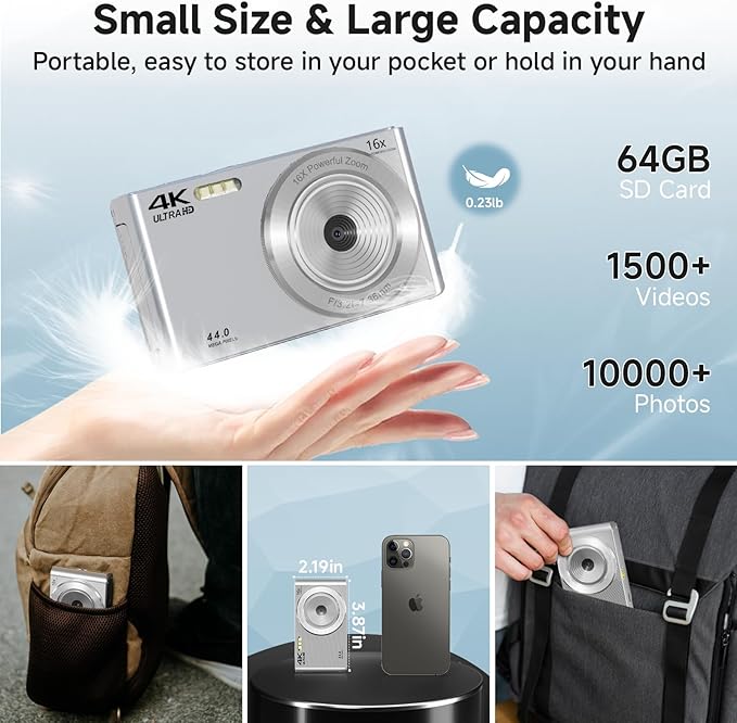 Digital Camera, 2025 4K 44MP Autofocus Digital Cameras for Teens, Silver Point and Shoot Camera for Kids with 16X Zoom, 64GB SD Card, Compact Small for Boys Girls Teens Kids Gift