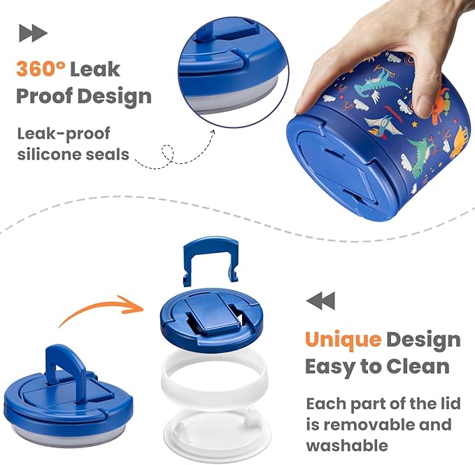 14oz Insulated Vacuum Food Jar with Buckle Lid,Soup Thermo for Hot Food Kids,Wide Mouth Leakproof Stainless Steel Lunch Container with Spoon-Dinosaur