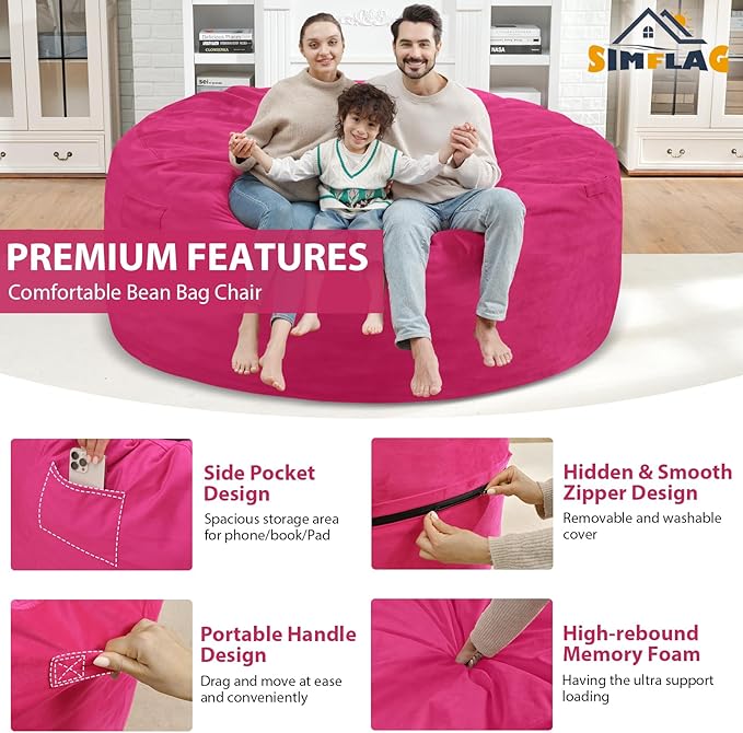 6FT Bean Bag Chair, Large Bean Bag Chairs with Memory Foam Filled, Fluffy Beanbag Sofa with Dutch Velvet Cover, Round BeanBag Chairs for Living Room, Playroom - Pink