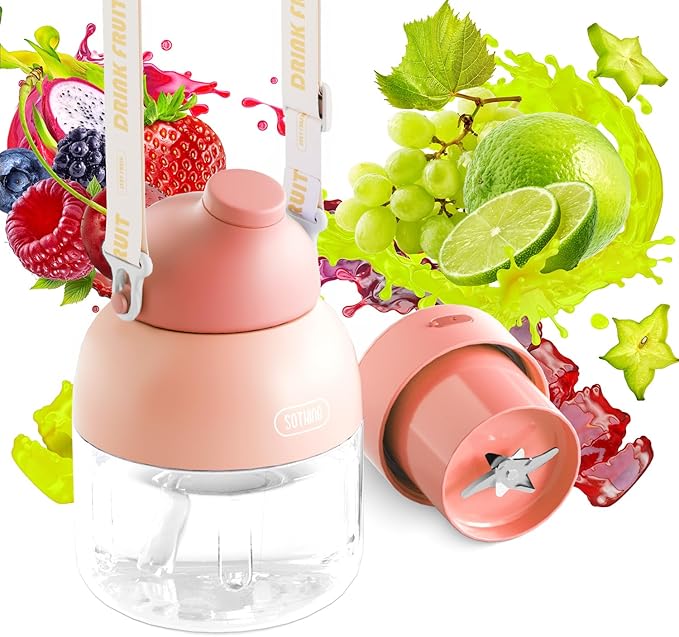 Portable Blender, Personal Blender for Shakes and Smoothies, 27oz Cup with 10 Blades, Shoulder Strap and Lid with Straw, Type-C USB Rechargeable, Dishwasher Safe Parts, BPA Free, Pink