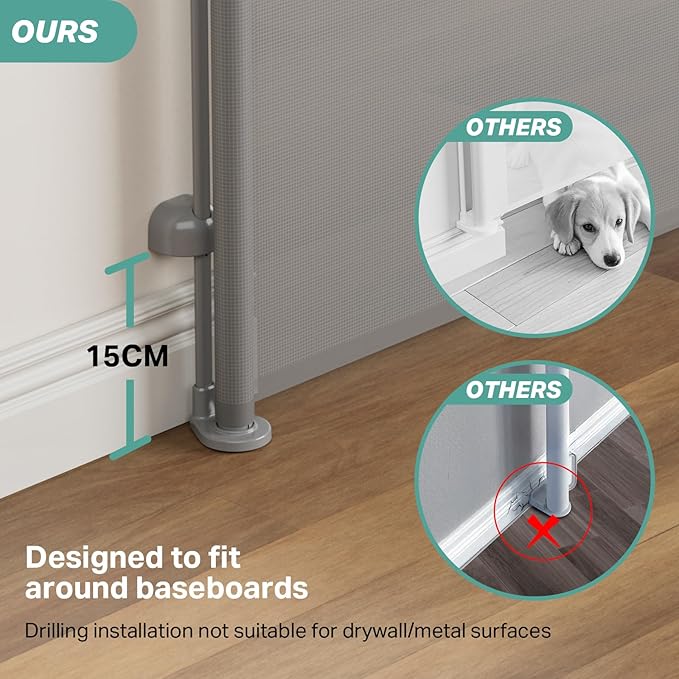 Cumbor 2-Pack Retractable Baby Gates for Stairs, 55" Wide Soft Mesh Pet Gate for Dogs with One Hand Opening, 34" Tall Toddler Gate with Top Lock for Bedroom, Doorways, Indoor/Outdoor, Gray