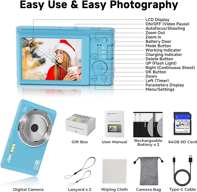 Digital Camera,4K Vlogging Camera for YouTube Autofocus 44MP FHD Camera,16X Digital Zoom Cheap Point and Shoot Digital Camera with 64GB Card for Kids Boys Girls Teens Adult Beginners,2 Batteries(Blue)
