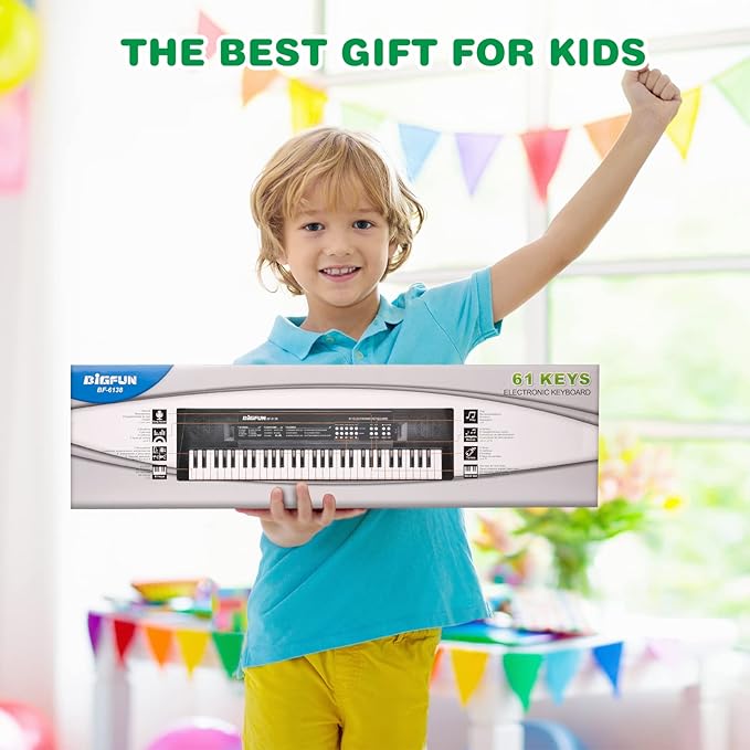 M SANMERSEN Kids Music Keyboard, 61-Key Portable Electronic Piano Toy with Microphone, Teaching Tool for Beginners, Ages 3-12, Black