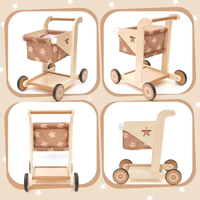 Asweets 2 in 1 Wooden Baby Walker Push and Pull Doll Stroller, Shopping Cart Learning Walker for Boys and Girls, Sit Stand Learning Toddler Toy (Brown)
