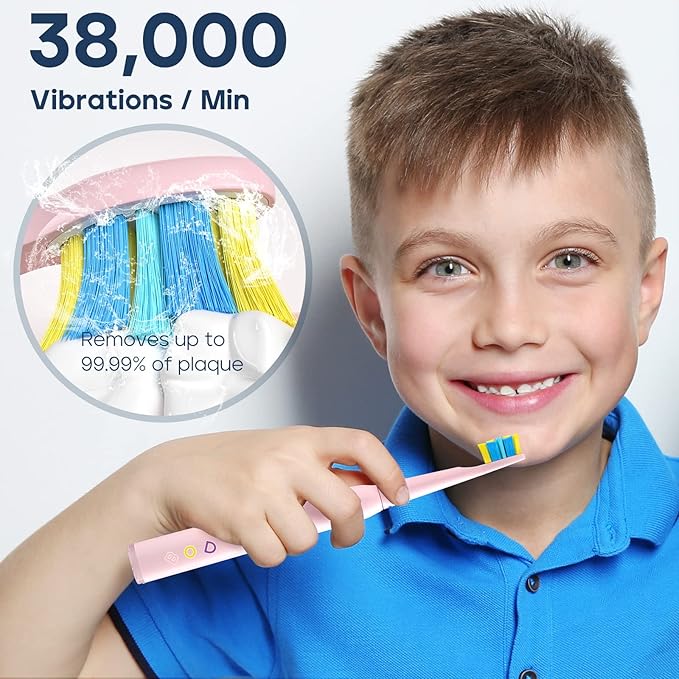 SEAGO Kids Electric Toothbrush, Sonic Soft Bristle Rechargeable Toothbrushes with DIY Stickers, 5 Modes, Includes 4 Replacement Brush Heads, Ages 3 to 12 Years Old (Pink)