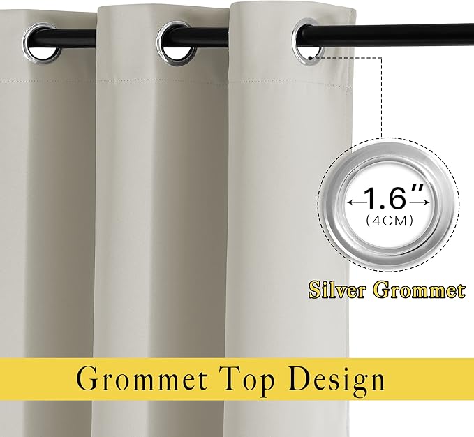 NICETOWN Room Darkening Bedroom Curtains 63 inches Long, Window Treatment Thermal Insulated Solid Grommet Voice Reducing Drapes for Kids Room, Natural, Set of 2, W46 x L63
