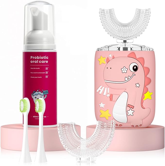Kids Electric U Shaped Toothbrush,Kids Sonic Full Mouth Toothbrush with 4 Soft Brush Head Automatic Rechargeable 6 Cleaning Modes IPX7 Waterproof 360 Degree Cleaning - Age2-7 Pink