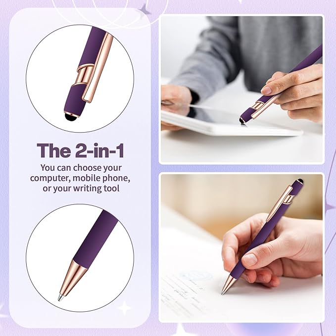 8 Pieces Ballpoint Pen with Stylus Tip Black Ink 2 in 1 Stylus Metal 1.0 mm Medium Point Smooth Pen Rainbow Colorful Rubberized Ballpoint for Touch Screen Tablet(Purple)