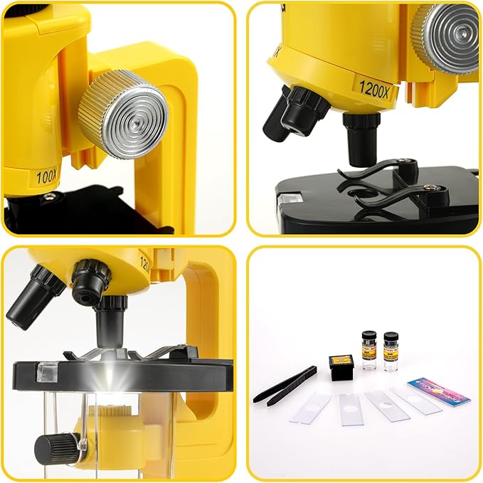 Little World Microscope for Kids, 100x 400x and 1200x Science Kits for Kids Age 5-7 Age 8-12, Microscope Beginner Kit with LED, Learning Resources Toys, Science Experiment STEM Kits, Yellow