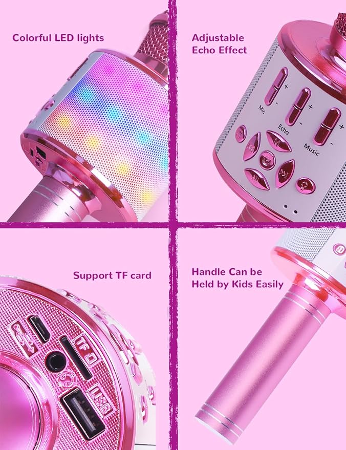 Amazmic Toys for Girls, Kids Karaoke Microphone Toddler Microphone for Kids with Lights, Birthday Gift for Girls, Boys Toy Age 3 4 5 6 7 8+(Light Pink)