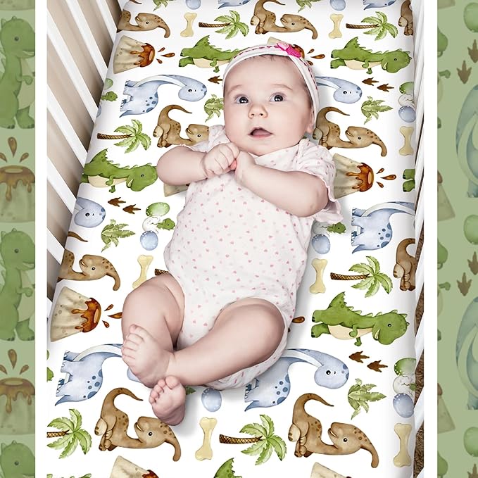 3 Pcs Baby Crib Bedding Set Safari Animals Dinosaurs Bear Woodland Animals Jungle Crib Set Includes Quilt, Fitted Sheet, Skirt for Baby Boy Girl(Green,Dinosaur)