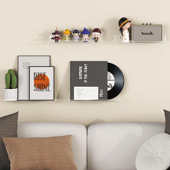 Lifewit Floating Shelves for Wall, 12 Pack Clear Acrylic Shelf 15" Room Decor for Bookcase/Vinyl Record Display/Photo/Picture in Bedroom, Living Room, Bathroom, Kitchen Storage and Organization