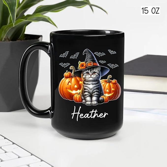 Customized American Shorthair Wearing Witch Hat Cup, Personalized Name American Shorthair Coffee Mugs, Cat with Pumpkins Ceramic Cups, Cat Halloween Black Mug 11oz 15oz, Gift for Halloween