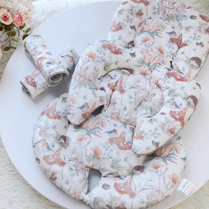 Infant Car Seat Insert, Car Seat Head Support Baby Girls Boys, Soft & Reversible Newborn Carseat Insert Cushion with 2 Strap Covers, for Stroller, Swing, Bouncer (Gray Animals)