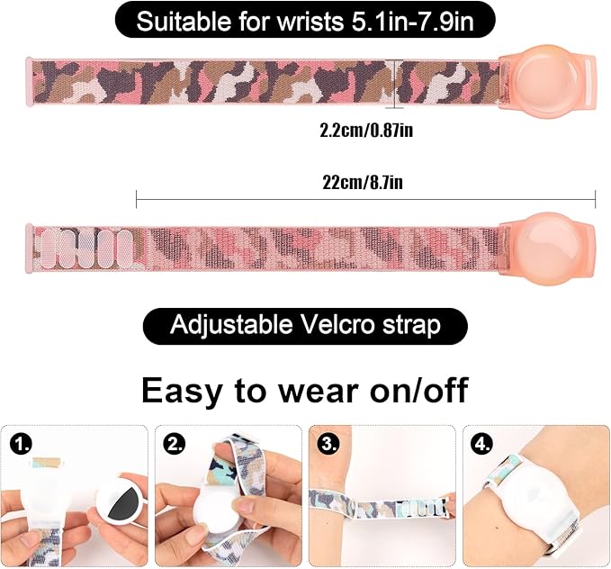 Compatible with Apple AirTag Bracelet for Kids, Camo Nylon Air Tag Wristband, Protective Case for Airtag GPS Tracker Holder, Adjustable Anti Lost Watch Band for Toddler Child Elder (Pink)