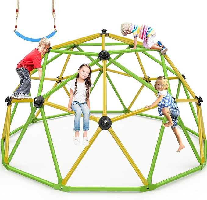 Climbing Dome, 10FT Jungle Gym with Swing for Kids 3 to 10 Outdoor Play Equipment, Supports 800lbs Toddler Play Set, Anti-Rust & Easy Assembly, Gift for Boys Girls (Yellow & Green)