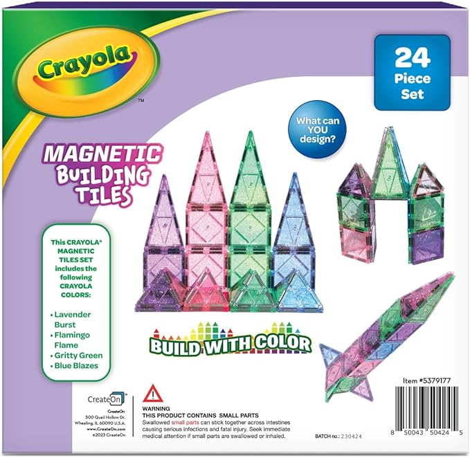 CreateOn Crayola Glitter Magnetic Tiles, Building Set for Kids, Magnetic Tiles, Kids’ Building Toys, STEM & Montessori Toys for Boys and Girls Ages 3+, 24-Piece Set (Glitter)