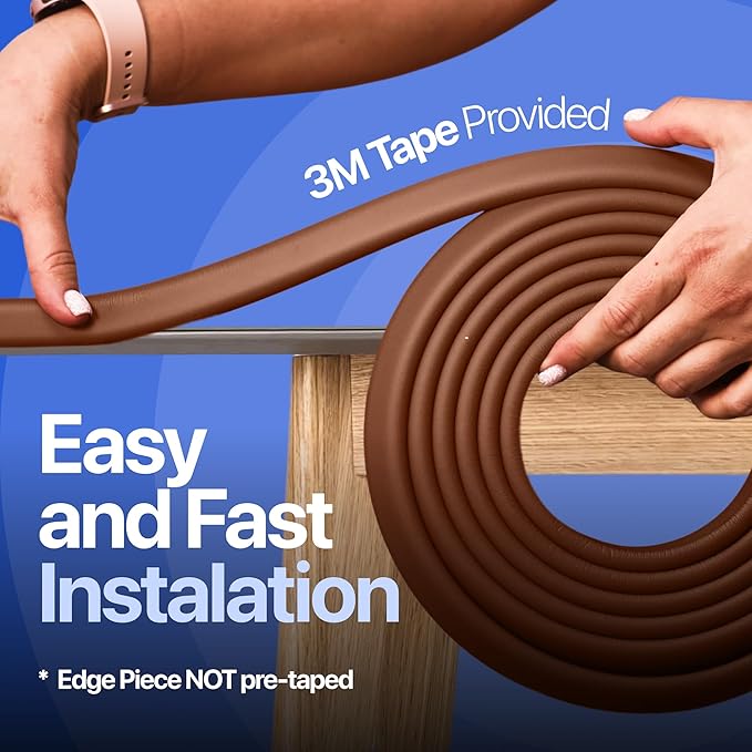 Furniture Edge 16.2ft & Corner Guards | Protective Foam Cushion | 15ft Bumper 4 Adhesive Childsafe Corners | Baby Child Proofing Foam Set and Safe for Table, Fireplace, Countertop | Brown