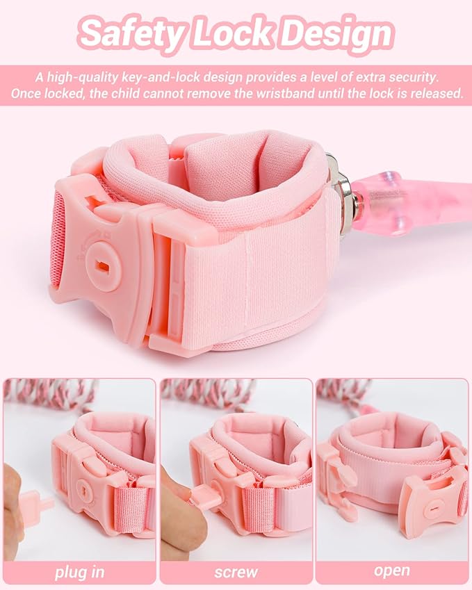 Anti Lost Wrist Link, Dr.meter 2 Pack Toddler Safety Leash with Key Lock, Reflective Child Walking Harness - Dual 8.2ft Length Pink & Blue Parent Kids Leash for Outdoor Activity Travel Gear