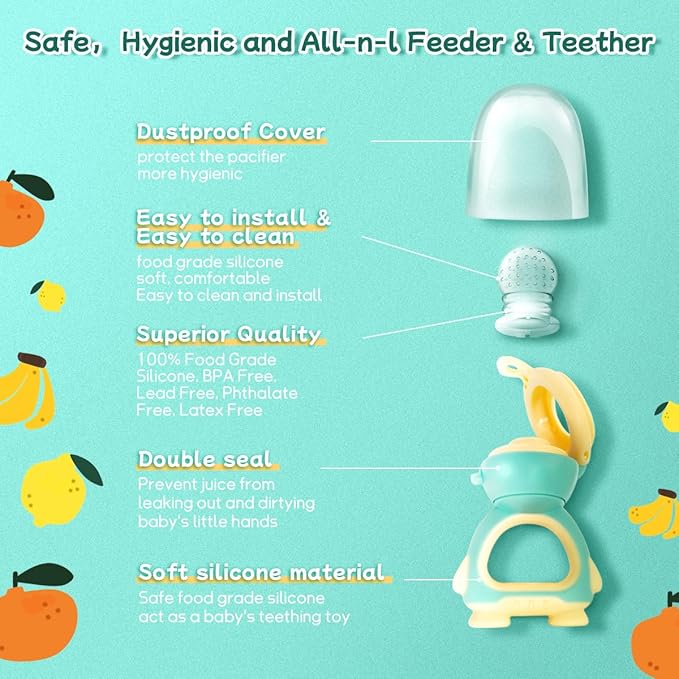 Baby Fruit Food Feeder - Silicone Nibble Tray Combo - Breastmilk Popsicle Mold for Cooling Relief, BPA Free Mesh Feeder for Infant Self Feeding (Robot Green + Pineapple)