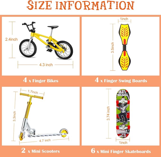 Skylety 31 Pieces Mini Finger Toys Set for Boy Girl Includes 6 Finger Skateboards, 4 Bikes, 2 Mini Scooters 4 Swing Board 8 Matched Wheels 7 Tool Accessories Educational Toy Party Favor(Cool)