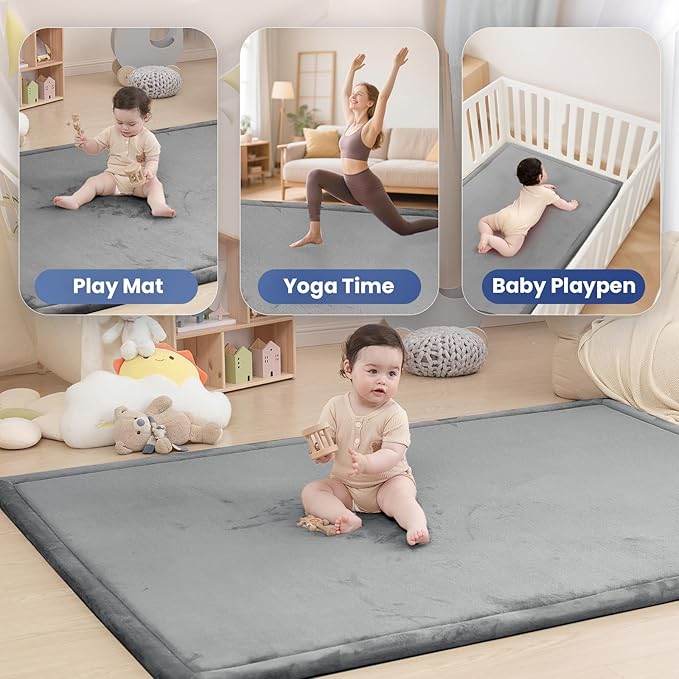 Baby Play Mat for Floor,1.3" Thick Memory foam Tummy Time Mat,Soft Coral Velvet Nursery Rug,Extra Large Non Slip Crawling Mats for Toddlers,Infants,kids,Yoga Mats & Tatami Style for Living Room(Dark Gray)