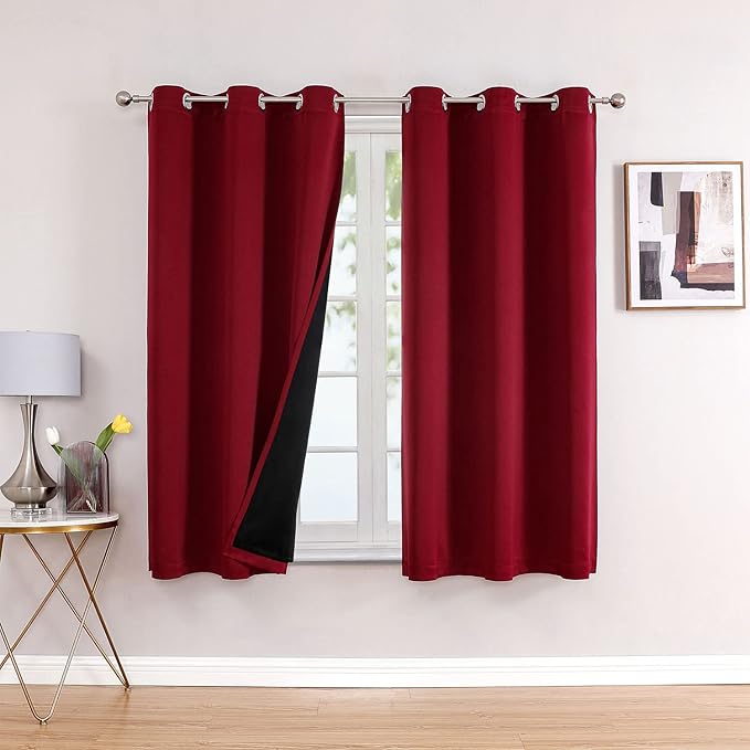 ChrisDowa 100% Blackout Curtains 63 inch Long for Bedroom with Black Liner, 2 Thick Layers Total Blackout Thermal Insulated Grommet Window Curtains 2 Panels Set (Burgundy, 38 x 63 Inch)
