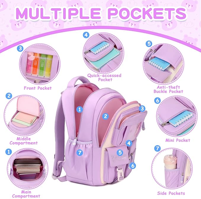 Kids Backpack for Girls School Bags for Middle School Students Book Bag for Elementary Primary Kawaii Ita Backpack, Purple and Beige