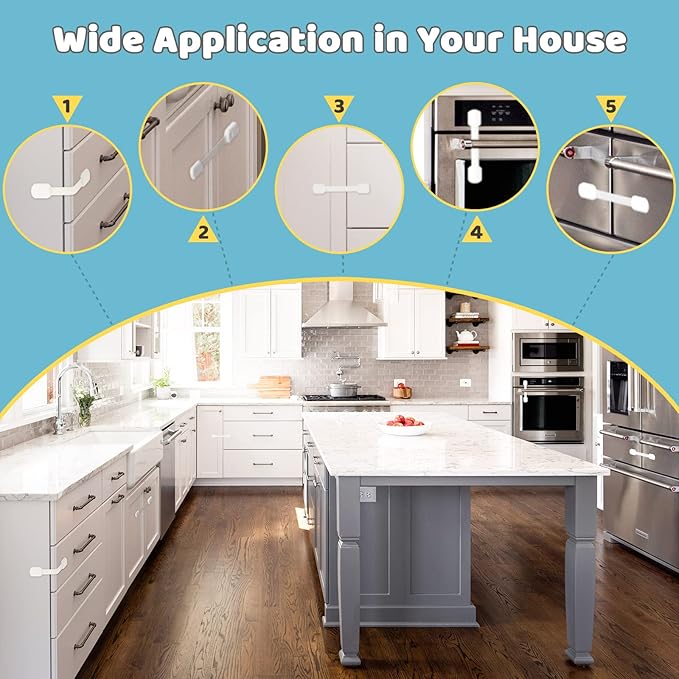 4our Kiddies Child Safety Cabinet Locks for Babies (6 Pack), Child Proof Latches for Cabinets and Drawers Doors, Baby Proofing Cabinet Strap Locks for Cupboard and Closet with 6 Pcs Extra 3M Adhesives