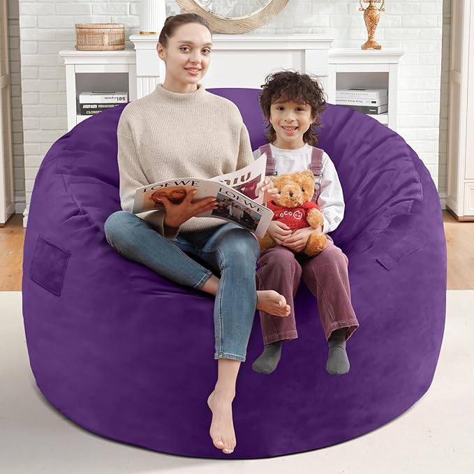 3FT Bean Bag Chair, Comfy Bean Bag Chairs with Memory Foam Filled, Fluffy Beanbag Sofa with Dutch Velvet Cover, Round BeanBag Chairs for Living Room, Playroom - Purple