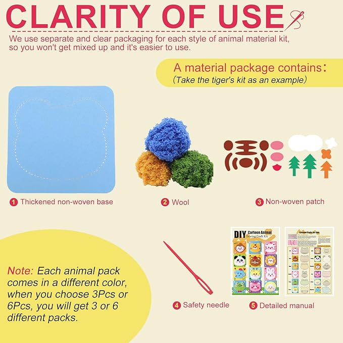 DIY Embroidery Doll Kit, Cartoon Animal Craft Sewing Kit for Kids, Felt Crafts, Beginner Sewing for Kids Ages 4-8 Plus - Helps Develop Fine Motor Skills (3PCS-Duck/Pig/Panda)