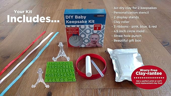 Baby Handprint Footprint Keepsake Ornament Kit (Makes 2) - Bonus Stencil for Personalized Christmas, Newborn, New Mom & Shower Gifts. 2 Easels! Non-Toxic Clay, Air-Dries Light & Soft, Won't Crack.