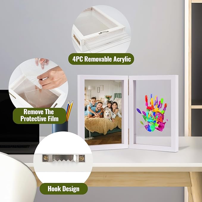 Family Handprint Kit, DIY Baby Hand and Footprint Handmade Keepsake Wooden Frame, Family Gifts with 5 Non-Toxic Baby-Safe Paint, Ideas Gift for New Parents, Grandparents, Father's Day, Mother's Day