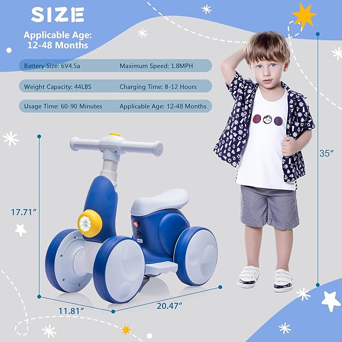 6V Electric Baby Balance Bike with Bubble Machine,4 in 1 Toddler Balance Bike w/Remote Control for 1 Year Old Boys Girls Kids Bubble Bike Ride on Toys w/Powered Motor,Music,LED Lights (Blue)