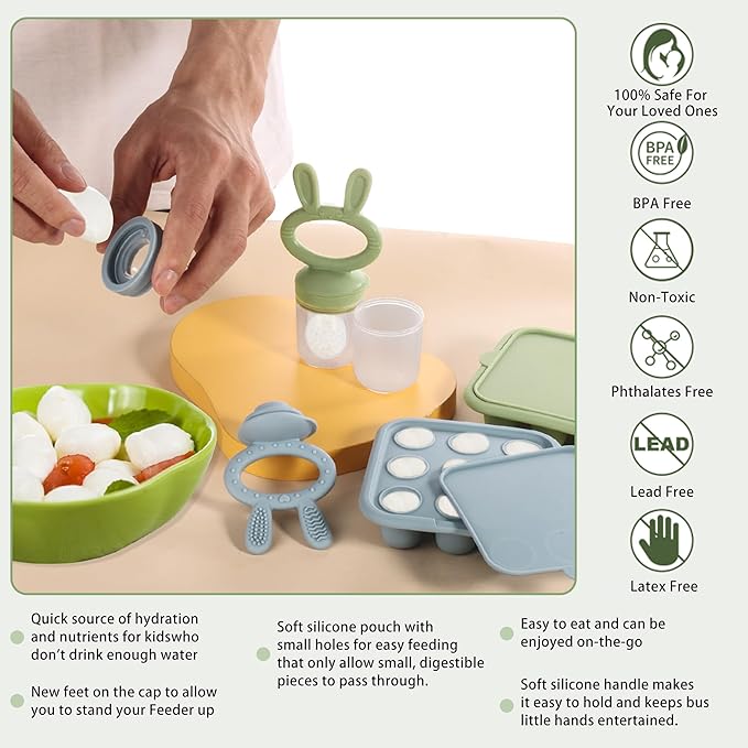 WAJIAYON Baby Food Freezer Tray,Silicone Nibble Freezer Tray,Baby Fruit Food Feeder Teether,Breastmilk Popsicle Mold,Babies Breast Milk Teether Pop Maker for Homemade Babies Meals-Blue