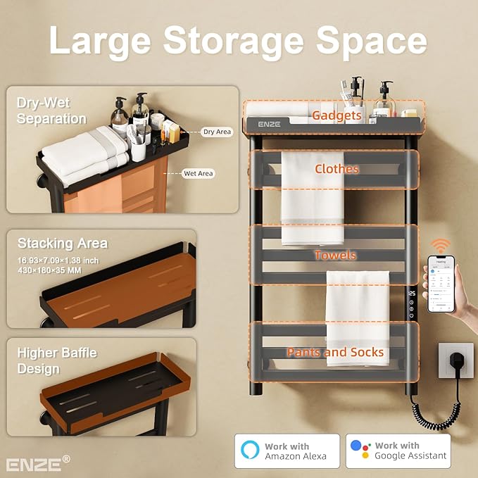 ENZE Heated Towel Rack with Shelf and Wi-Fi App Control, 8 Bars Electric Wall Mounted Towel Warmer with Timer & Adjustable Temperature, Low Carbon Steel, Plug-in/Hardwired, Matte Black