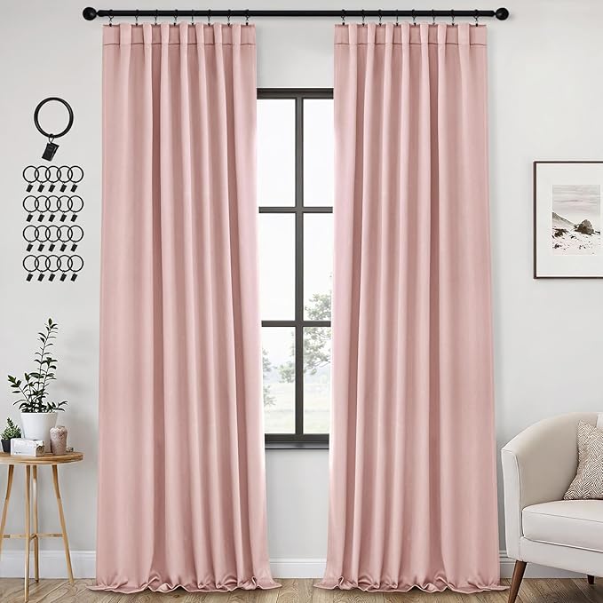 ANRODUO Light Pink Blackout Curtains for Girls Bedroom Living Room, Back Tab Rod Pocket Pinch Pleated Thermal Insulated Room Darkening Curtains 108 Inches Long 2 Panels, 52 x 108 Inch