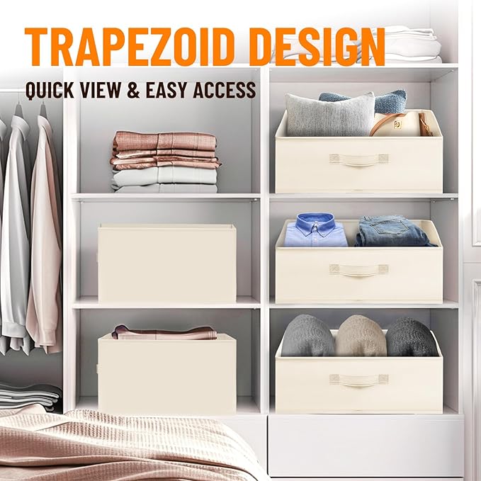 Criusia Closet Organizers Bins 4 Pack - Large Closet Shelf Organizer with Handles - Fabric Trapezoid Home Organization and Storage Baskets for Organizing Clothes Toy Blanket Towel Purse Hats