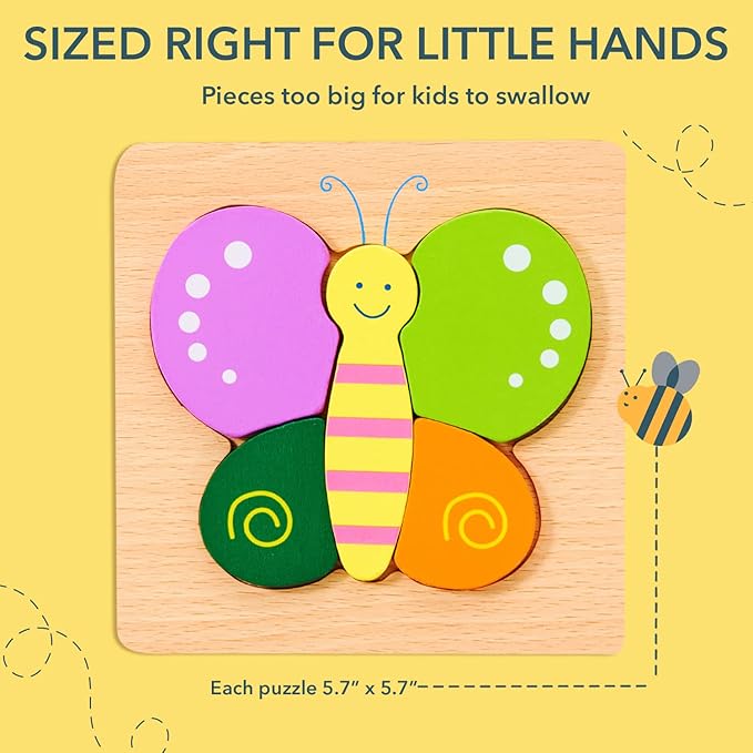 MAGIFIRE Toddler Wooden Puzzle Set - 4-Pack 5.7 x 5.7 Inch Multicolor Wood - Chunky Pieces for Small Hands & Portable Storage Bag - Toddler Puzzles Ages 3-5