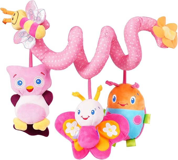 Jollybaby Baby Car Seat Stroller Toys, Plush Activity Hanging Spiral Activity Pram Crib with Music Box, Rattles, Squeaker for Babies Infant Boys Girls(Pink)